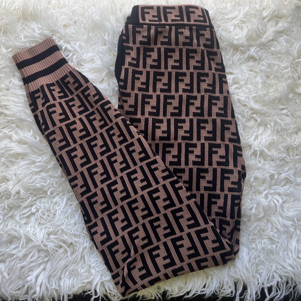 Fendi Black and Brown Monogram Tapered Joggers Track Pants with Pockets